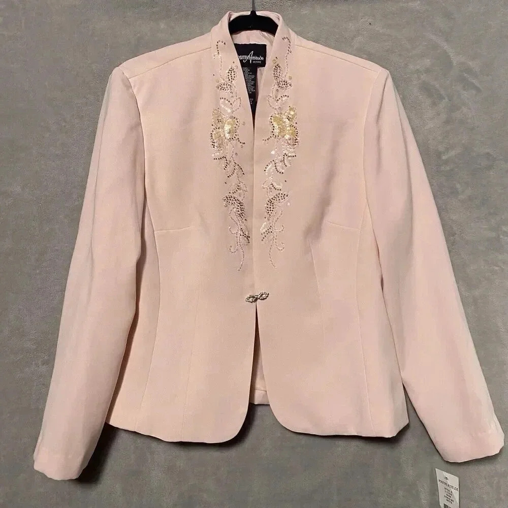 Vintage Women's 10P Light Pink Long Blazer With Floral Beads Design NWT